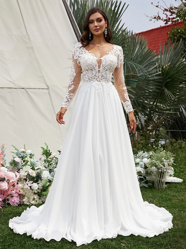 A-shaped Elegant Princess Chiffon Applique V-neck Long sleeved Sweeping Tail Wedding Dress