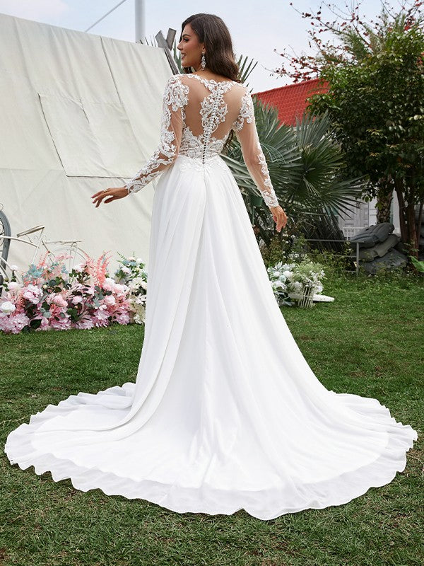 A-shaped Elegant Princess Chiffon Applique V-neck Long sleeved Sweeping Tail Wedding Dress