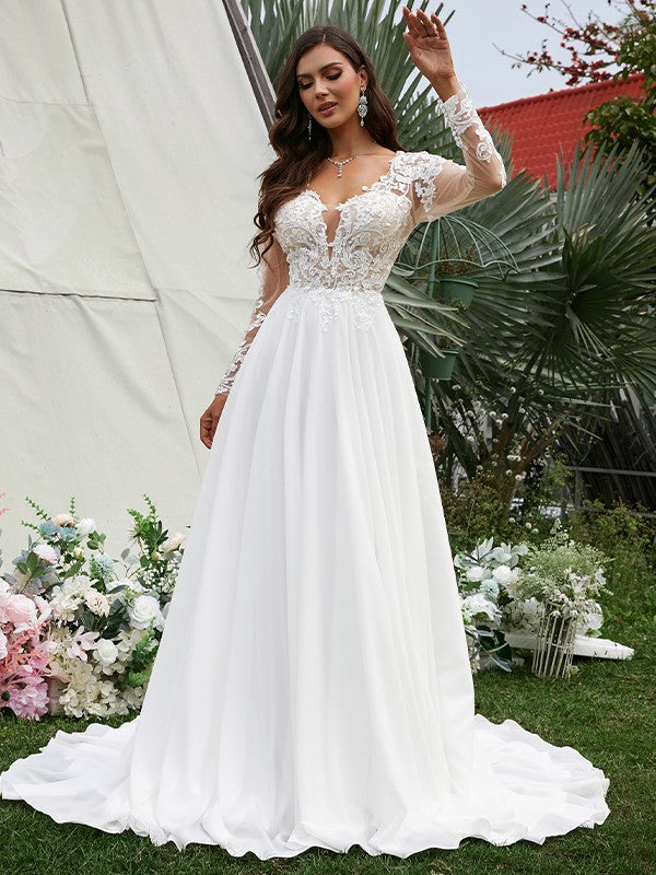A-shaped Elegant Princess Chiffon Applique V-neck Long sleeved Sweeping Tail Wedding Dress