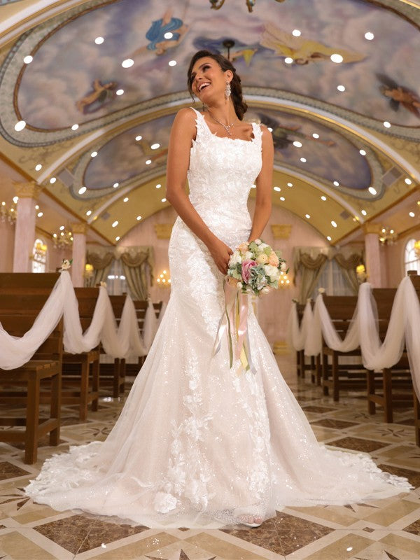 Slim fit straight tube lace sticker thin shoulder strap sleeveless sweeping brush trailing wedding dress