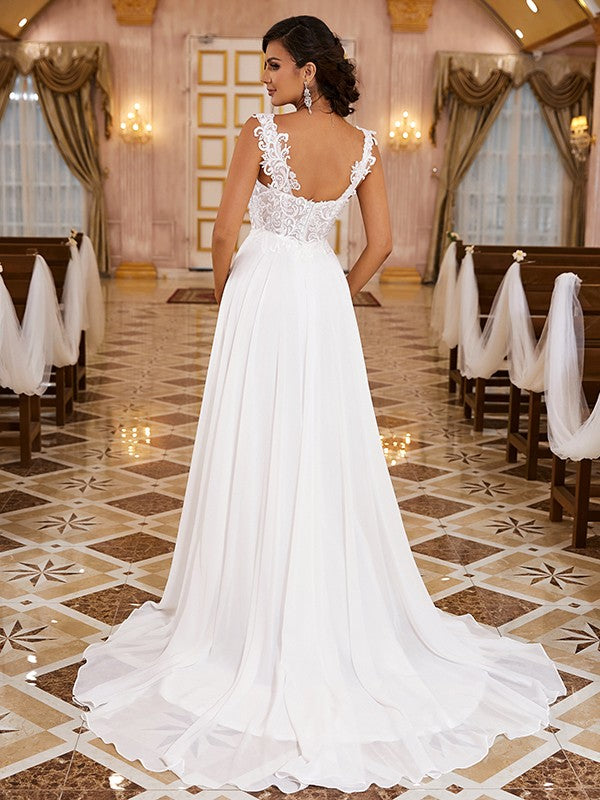 A-shaped Princess Chiffon Applique Shoulder Strap Sleeveless Brush Tail Wedding Dress