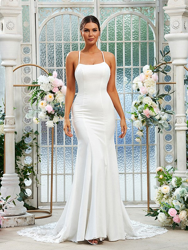 Elegant column lace V-neck sleeveless brush train wedding dress with protective sheath