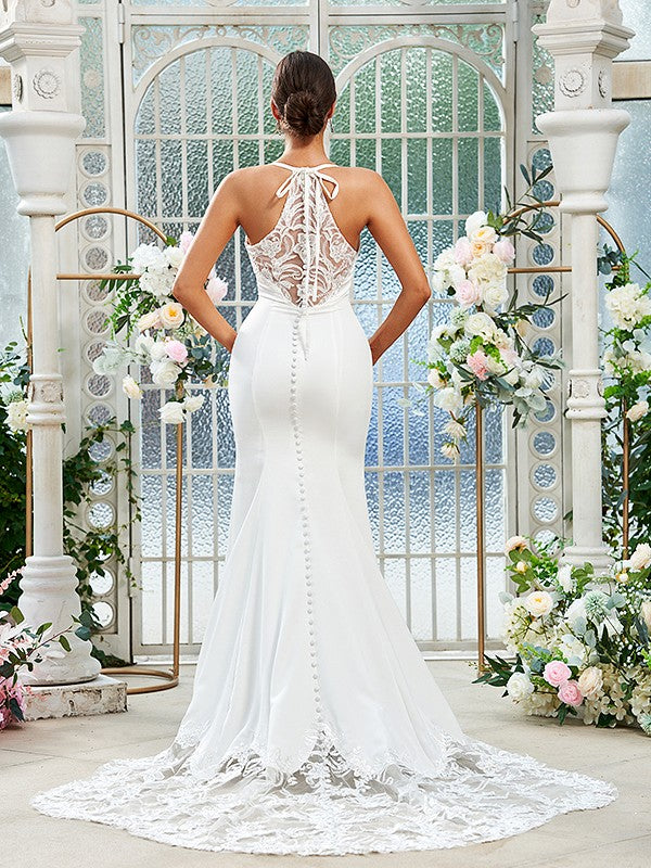 Elegant column lace V-neck sleeveless brush train wedding dress with protective sheath