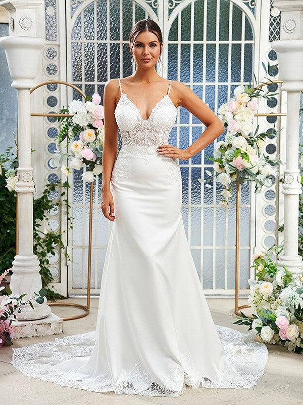 Elegant column lace V-neck sleeveless brush train wedding dress with protective sheath