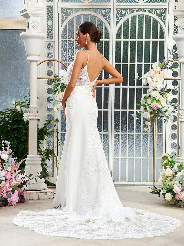 Elegant column lace V-neck sleeveless brush train wedding dress with protective sheath