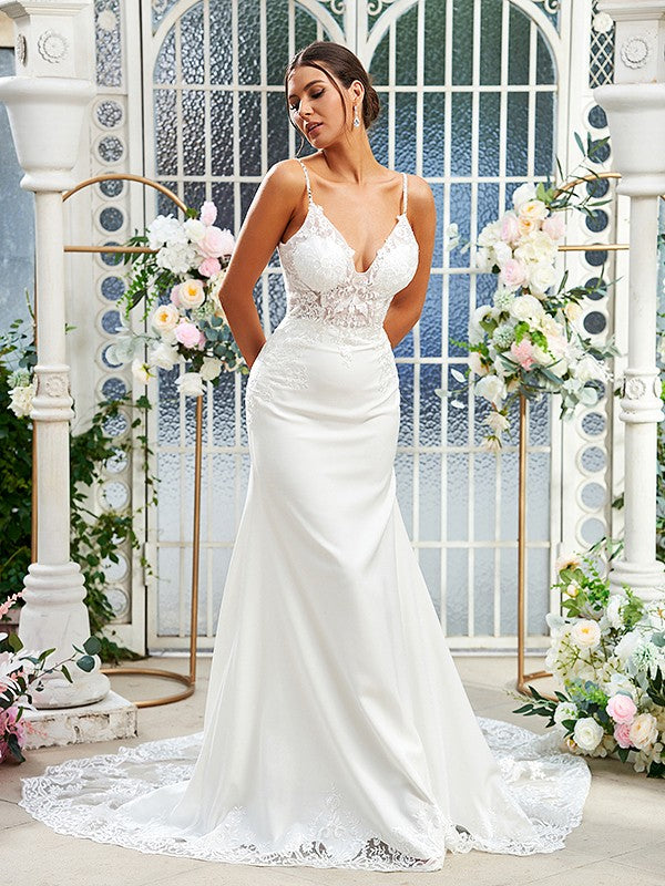 Elegant column lace V-neck sleeveless brush train wedding dress with protective sheath