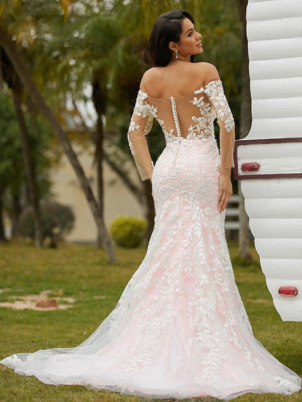 Elegant Princess Standing Neck Lace Off Shoulder Long sleeved Court Tail Wedding Dress