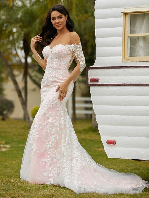 Elegant Princess Standing Neck Lace Off Shoulder Long sleeved Court Tail Wedding Dress