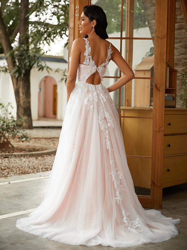 A-shaped princess style chiffon sticker low round sleeveless sweeping brush tail wedding dress
