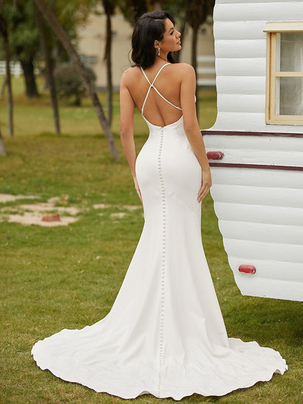 Columnar elastic crepe pleated fine shoulder strap sleeveless palace tailing wedding dress