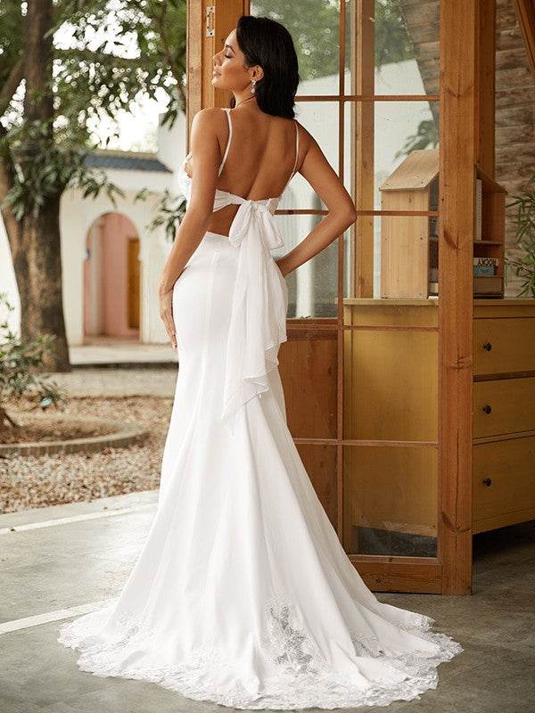 Elastic Crepe Silk Lace V-Neck Sleeveless Large Swing Fragmented Flower Tail Wedding Dress