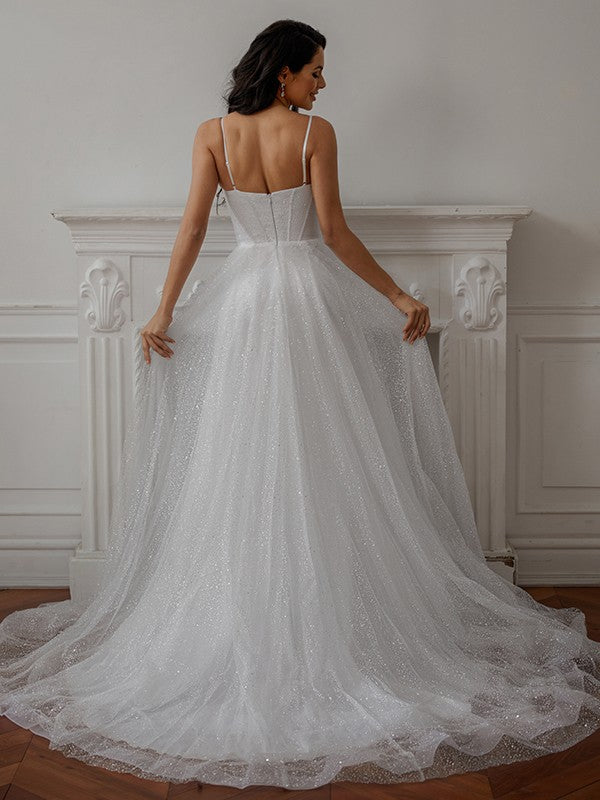 Elegant and Sweet Princess Pleated Fine Shoulder Strap Sleeveless Palace Tail Wedding Dress