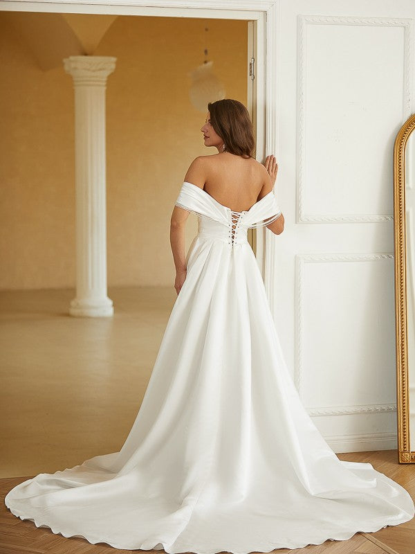 Princess style satin pleated off shoulder sleeveless church style wedding dress