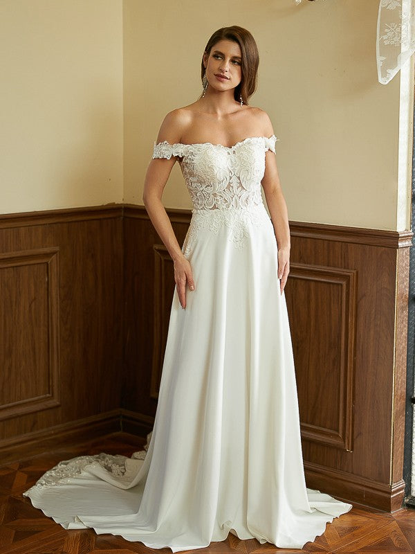 A-shaped Noble Princess Style Elastic Lace Off the Shoulder Short sleeved Palace Tail Wedding Dress
