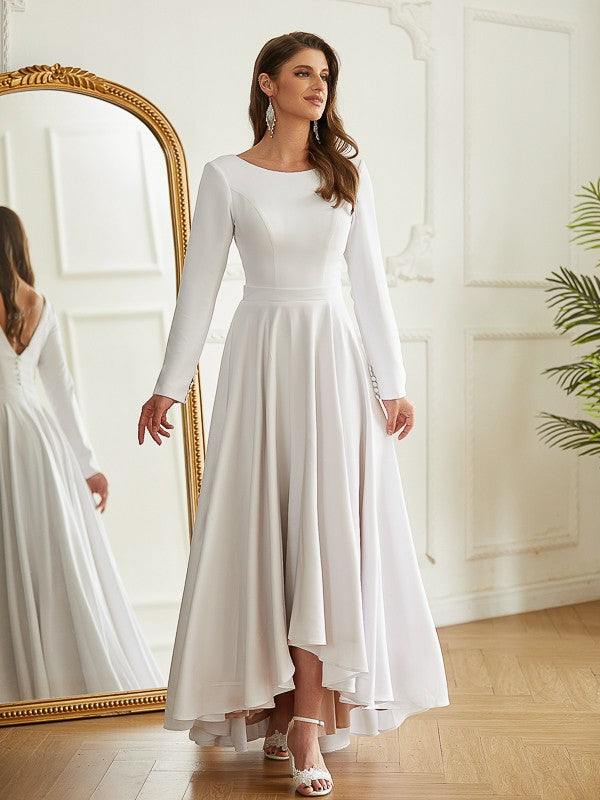 A-line white princess style elastic pleated ruffled edge round top long sleeved asymmetrical wedding dress