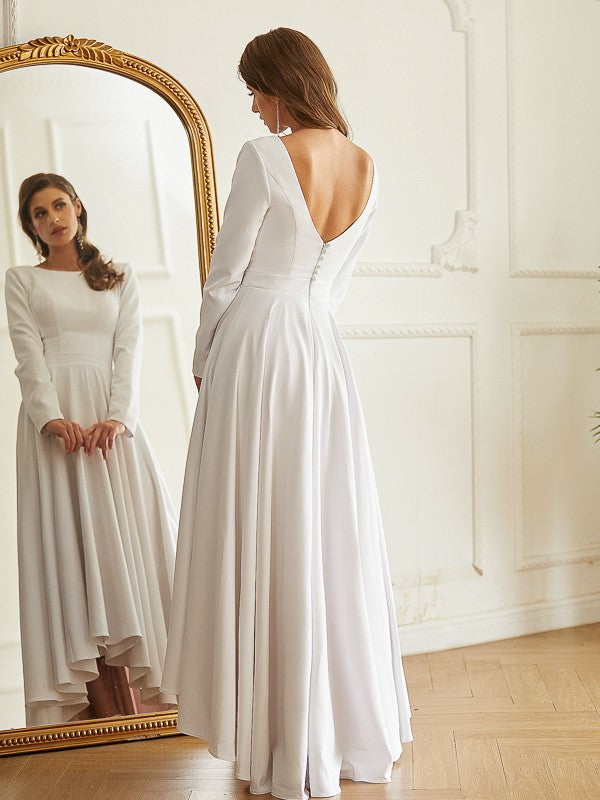 A-line white princess style elastic pleated ruffled edge round top long sleeved asymmetrical wedding dress