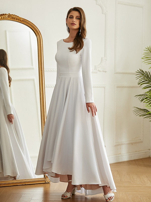 A-line white princess style elastic pleated ruffled edge round top long sleeved asymmetrical wedding dress