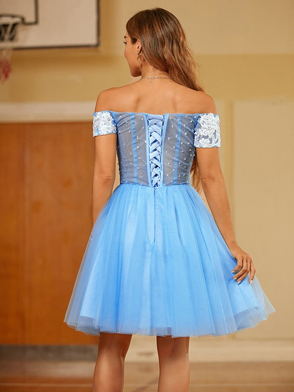 A-line elegant princess sheer lace off shoulder short sleeved mini skirt