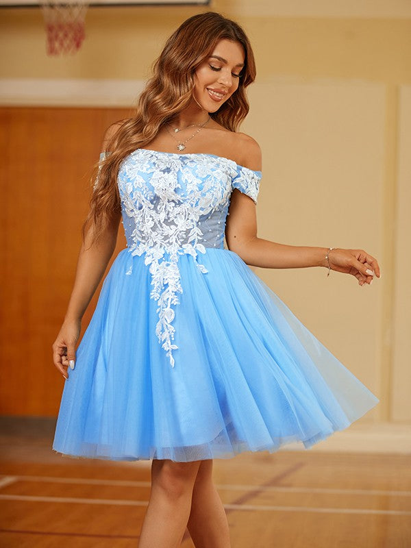 A-line elegant princess sheer lace off shoulder short sleeved mini skirt