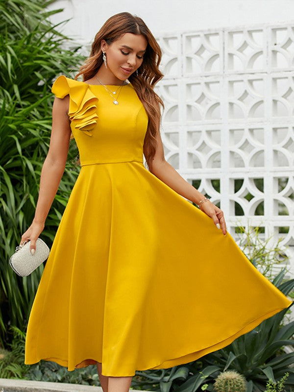 A-shaped elegant princess elastic ruffle edge spoon sleeveless tea long dress