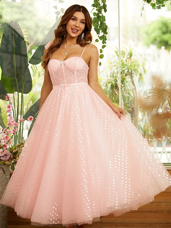 A-line elegant princess ruffled sleeveless ankle length dress