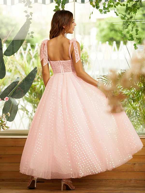 A-line elegant princess ruffled sleeveless ankle length dress
