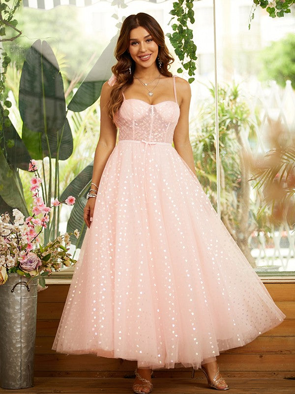 A-line elegant princess ruffled sleeveless ankle length dress