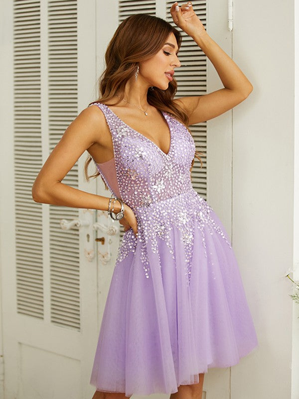 A-line Princess Elegant Tulle Beaded V-neck Sleeveless Knee Length Dress