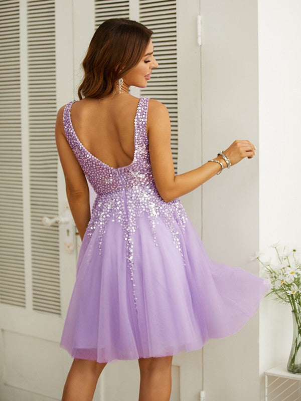 A-line Princess Elegant Tulle Beaded V-neck Sleeveless Knee Length Dress