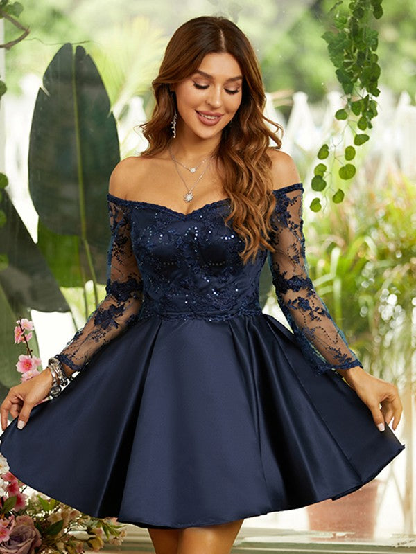 A-line Princess satin lace off shoulder long sleeved short mini skirt