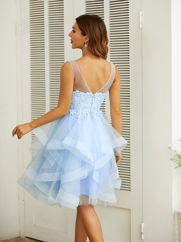 A-line Elegant Princess Applique V-neck Sleeveless Knee Length Dress