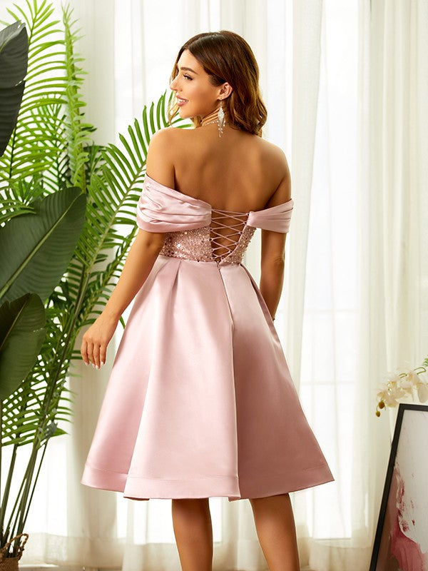 A-line Elegant Princess Satin Beaded Off Shoulder Sleeveless Knee Length Dress