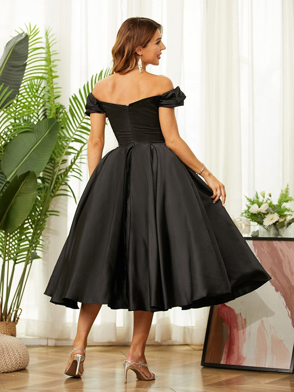A-line elegant princess satin pleated off shoulder sleeveless long dress