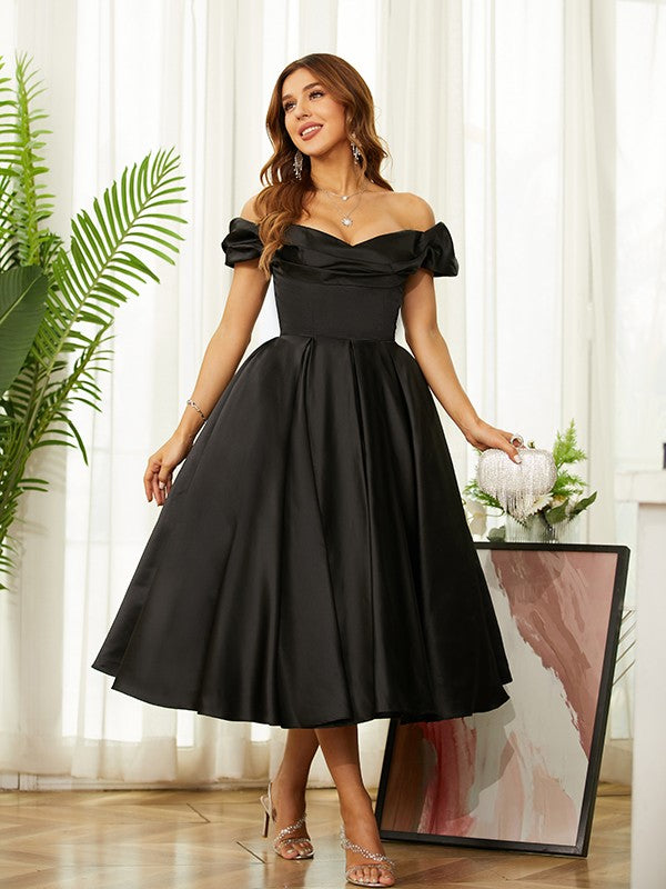 A-line elegant princess satin pleated off shoulder sleeveless long dress