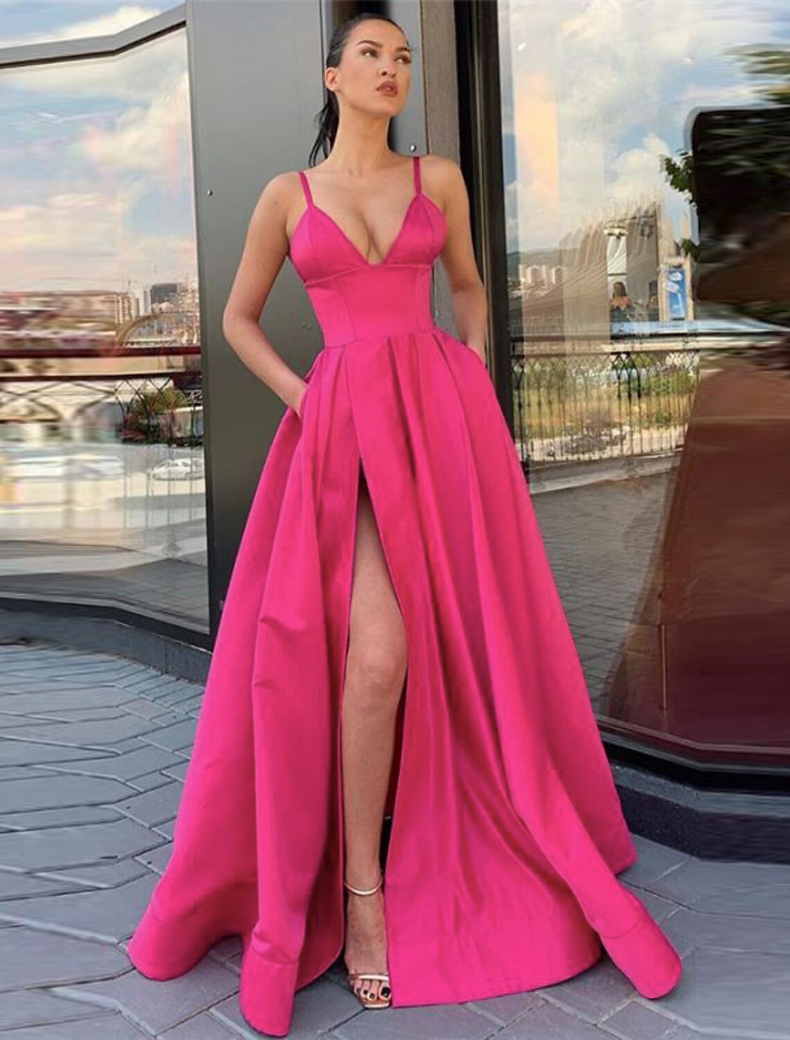 A-shaped black dress ball dress high slit evening dress day and summer dress thin shoulder strap sleeveless sweeping/brush trailing satin pleats