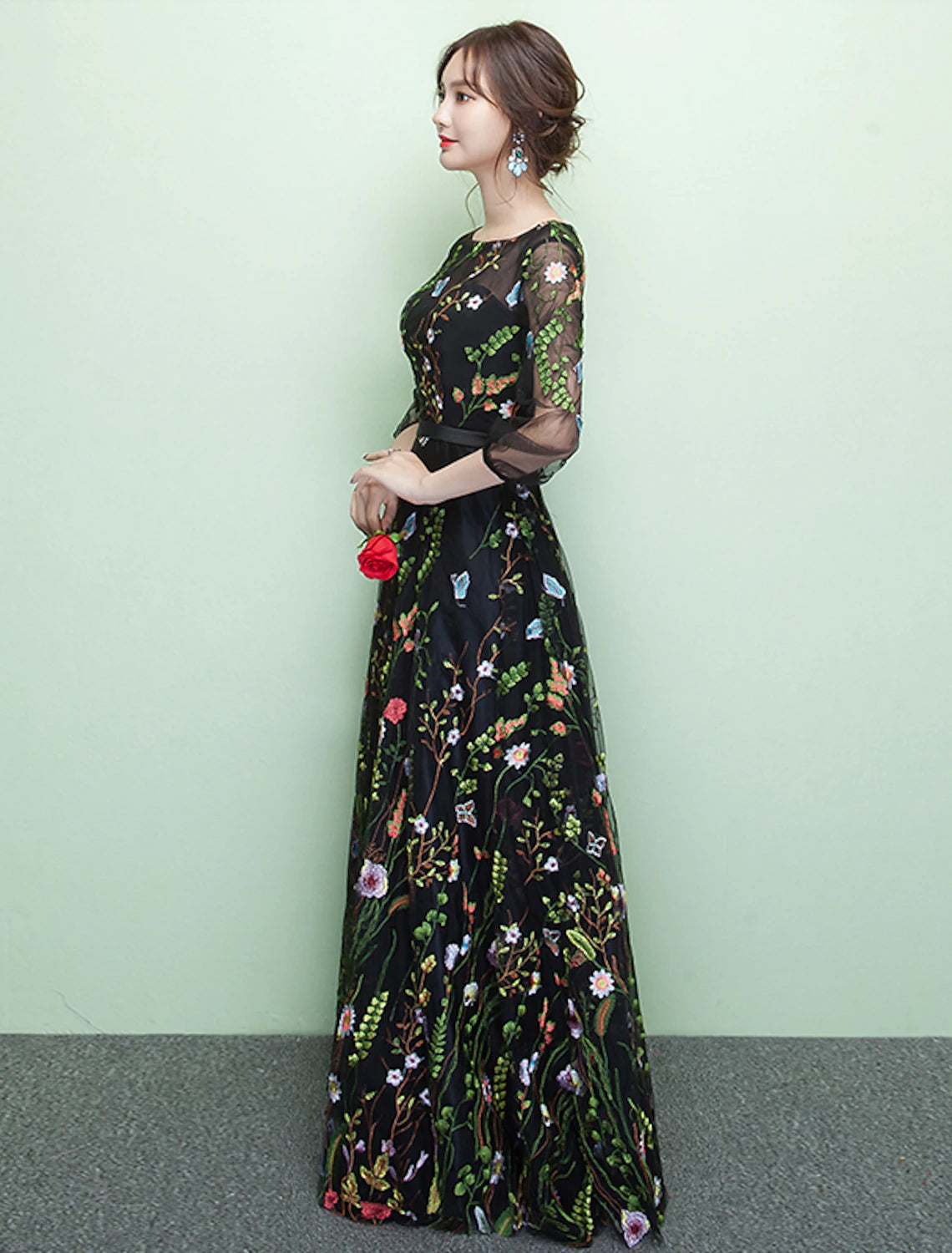 A-line Evening Dress Elegant Wedding Guests Formal Dinner Floor length 3/4 Long Sleeves Jewel Neckline Lace Embroidery