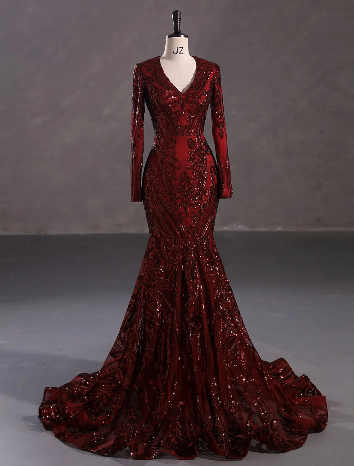 Mermaid Loudspeaker Elegant Evening Dress Carnival Long sleeved V-neck African American Lace with Sequins