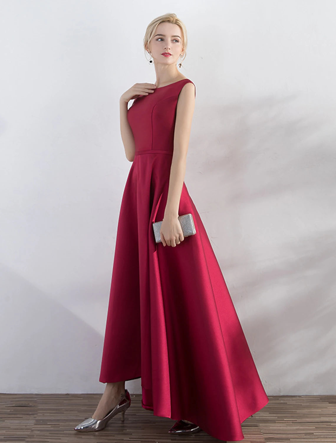 A-line Evening Dress Wedding Guest Party Asymmetric Sleeveless Jewel Neck Satin Fashion