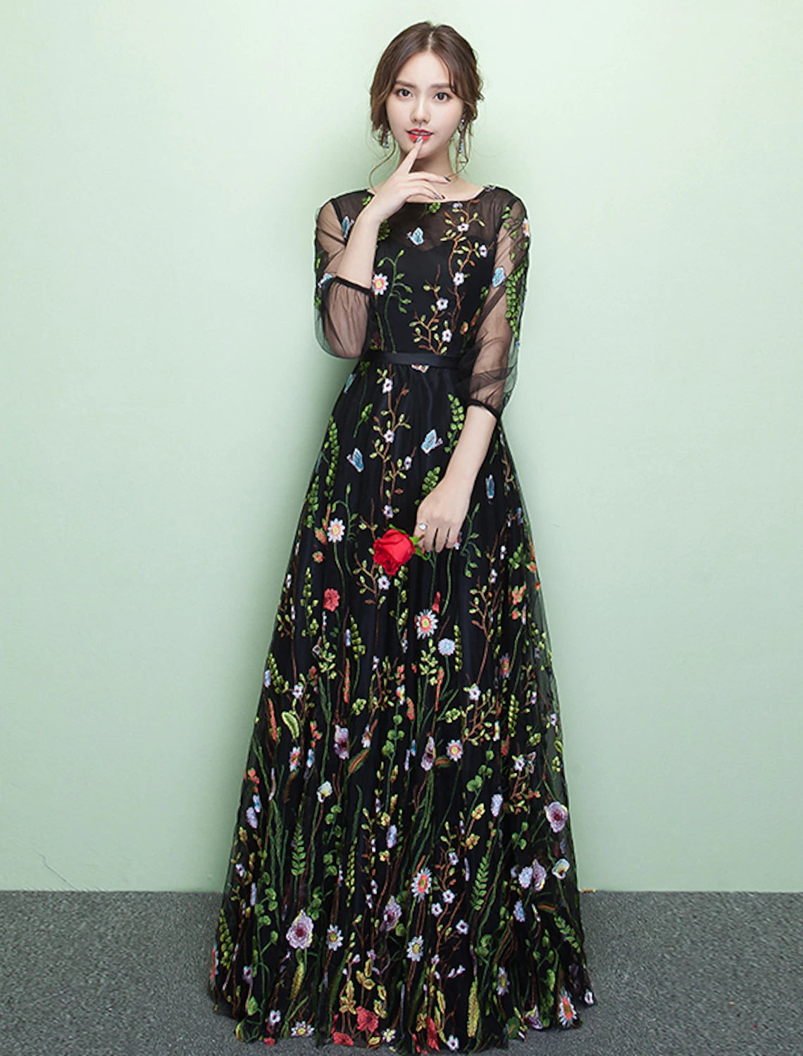 A-line Evening Dress Elegant Wedding Guests Formal Dinner Floor length 3/4 Long Sleeves Jewel Neckline Lace Embroidery
