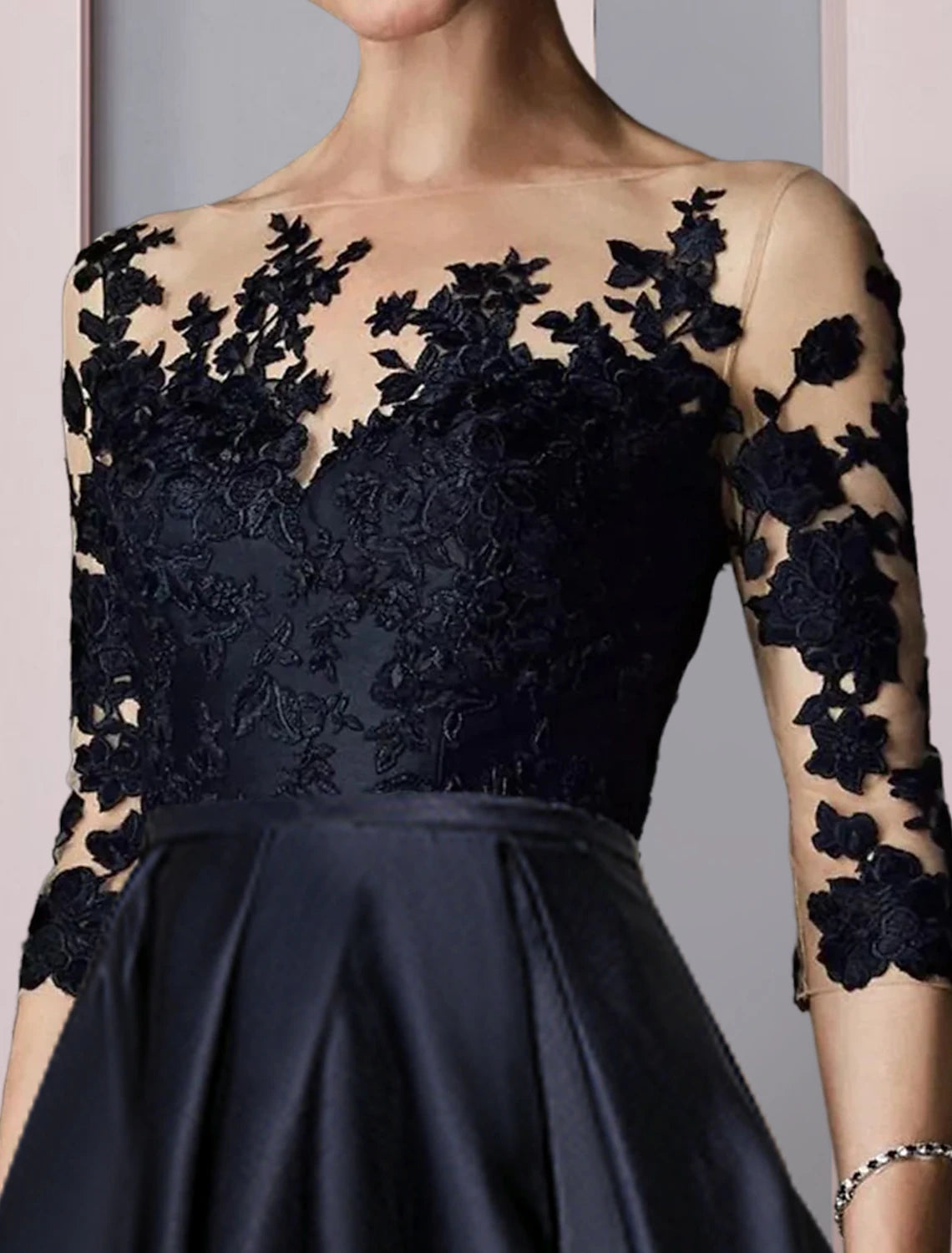 A-shaped Bride Mom Formal Dress Wedding Elegant High Low Spoon Neck Asymmetric Tea Length Satin Lace 3/4 Long Sleeves with Folded Stickers