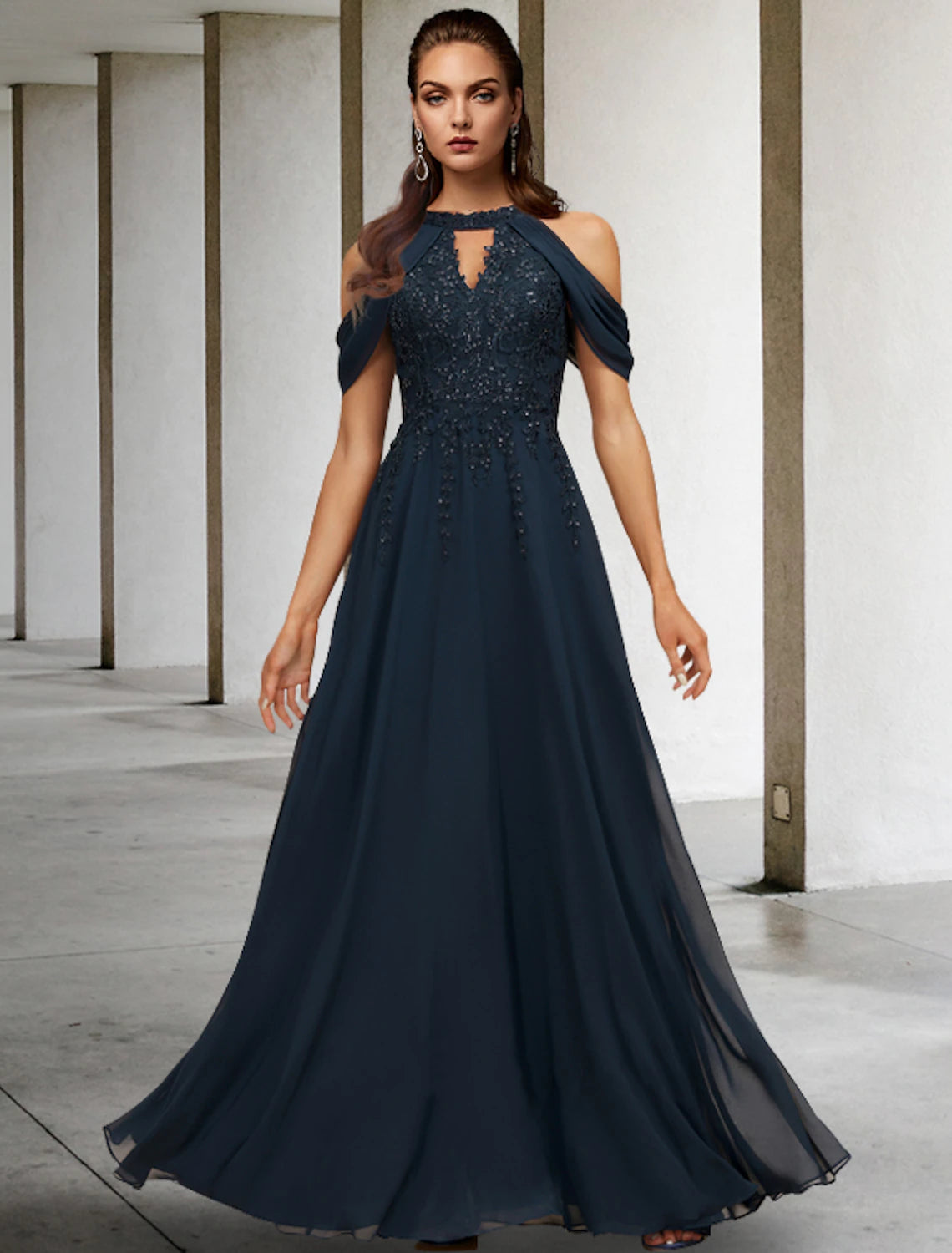 A-shaped Bride Mom Dress Wedding Guests Large Hanging Neck and Floor Length Lace sheer sequin without cuffs sequin