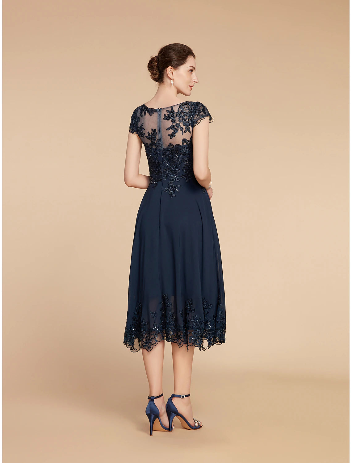 A-line Bride Mom Dress Wedding Guests Retro Low Round Neck Tea Long Lace 3/4 Long Sleeves with Sequin Stickers