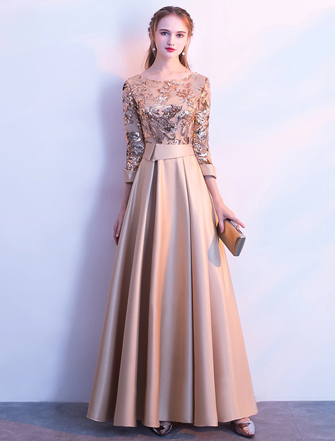 A-shaped Elegant Bridesmaid Dress with Jewel Neck Long Sleeves Beautiful Back Floor to Floor Length Satin sheer sequin ribbons pleats