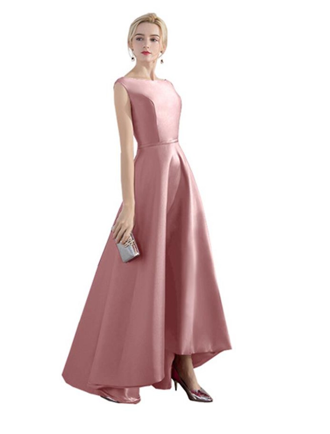 A-line Evening Dress Wedding Guest Party Asymmetric Sleeveless Jewel Neck Satin Fashion