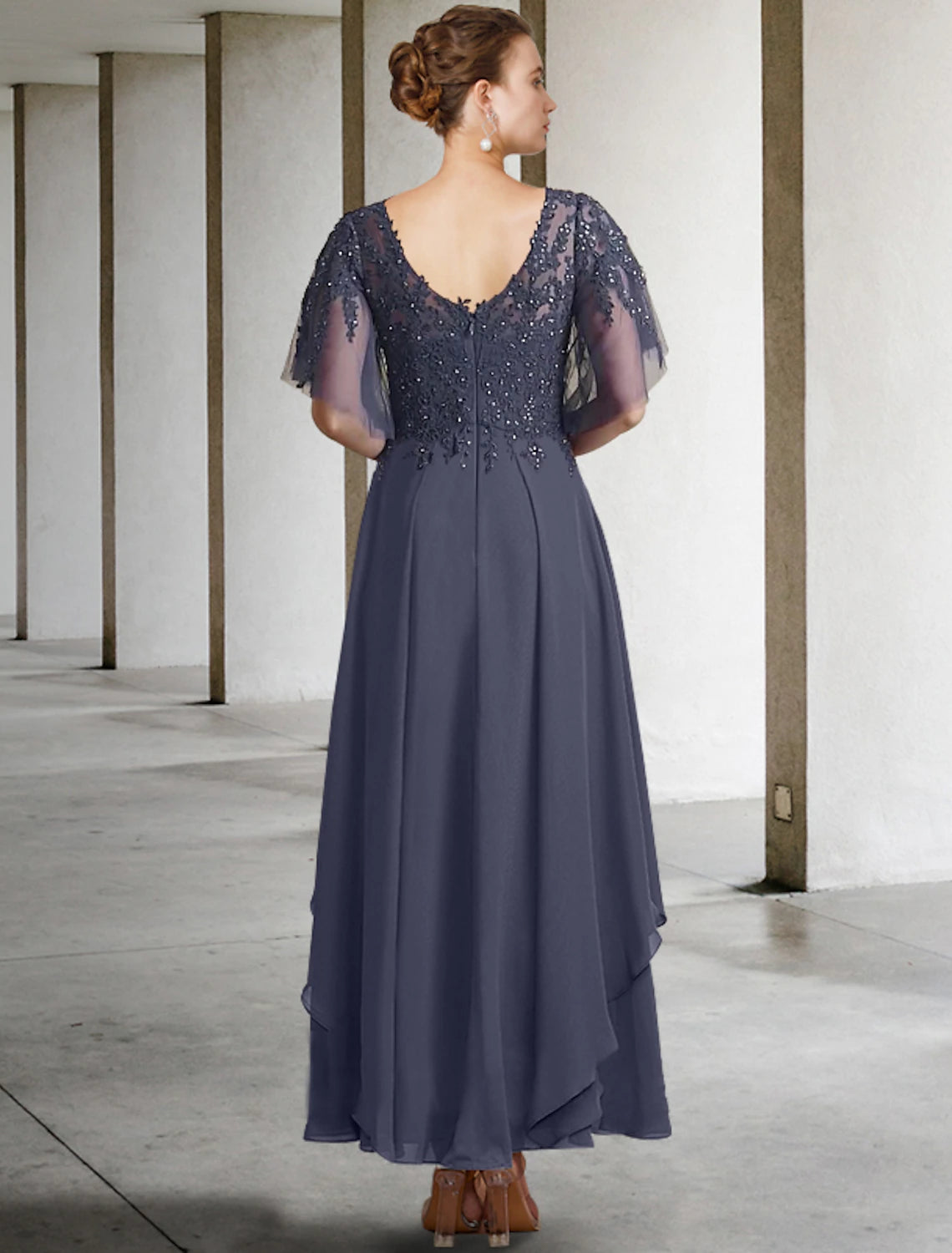 A-line curve bride's mother dress elegant gemstone collar and ankle chiffon lace short sleeved with sequin inlay