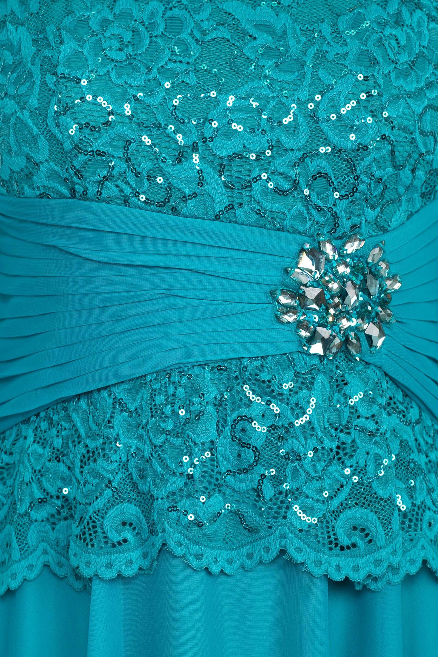 Neck 3/4 Sleeve Sequin Lace Bodice Pleated Broach A-Line Chiffon Mother of the Bride Dresses
