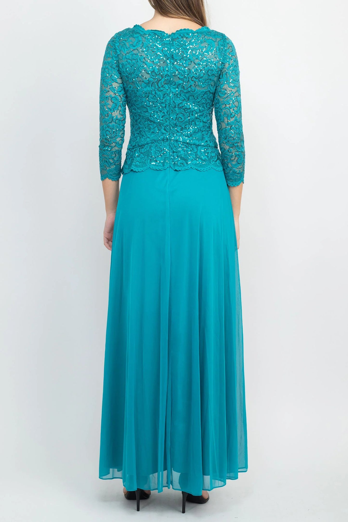 Neck 3/4 Sleeve Sequin Lace Bodice Pleated Broach A-Line Chiffon Mother of the Bride Dresses