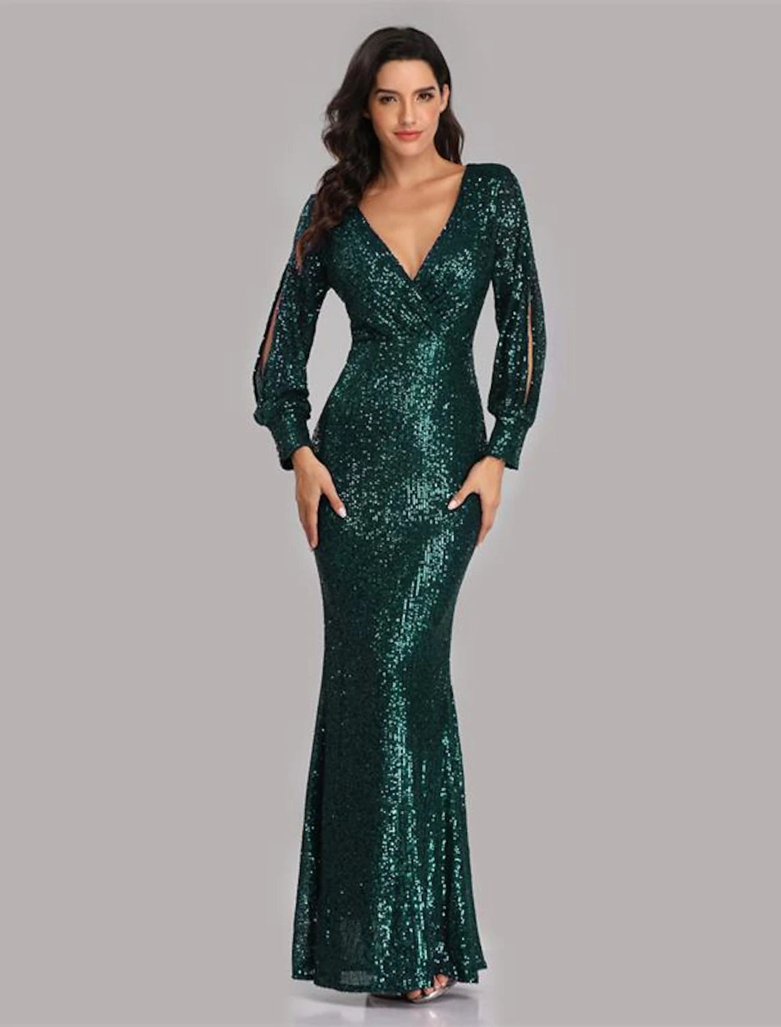 Mermaid Loudspeaker Evening Dress Sparkling Dress Party Dress Wedding Guests Landing Long Sleeve V-Neck Sequins