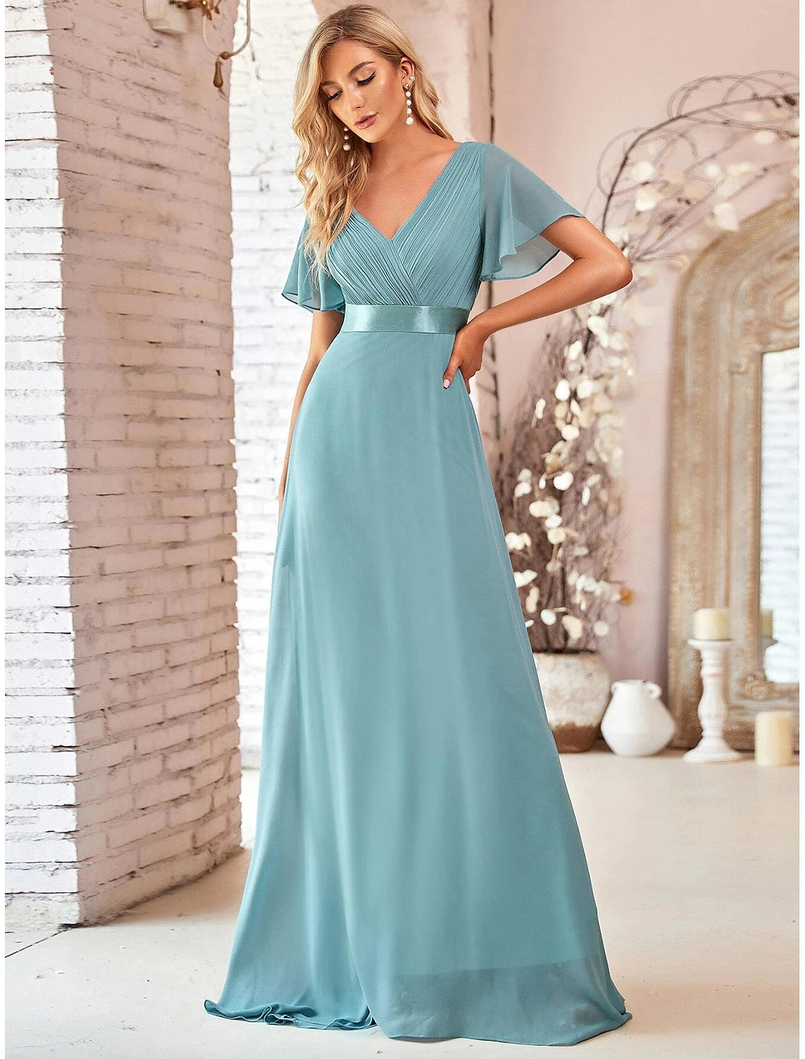 A-line Party Evening Dress Wedding Guest Long Short Sleeve V-Neck Bridesmaid Dress Chiffon V-Strap Ruffle Edge