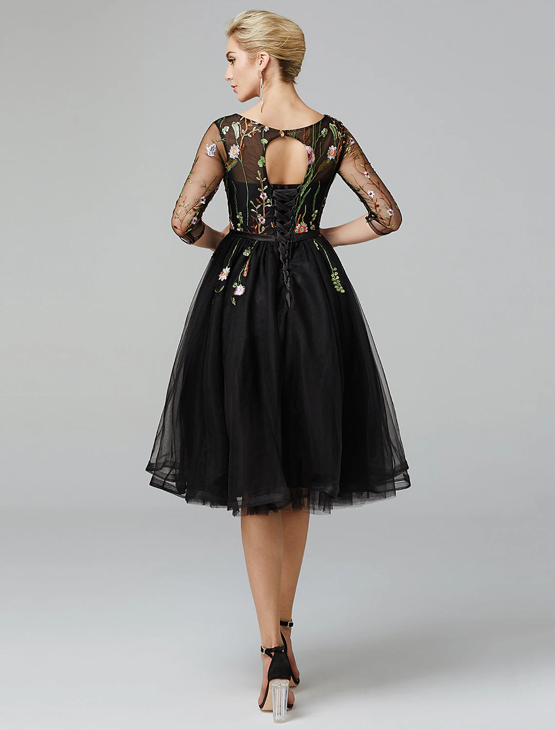 A-line black dress retro wedding guests chicken knee long sleeved phantom collar Wednesday Adams family sheer embroidered stickers